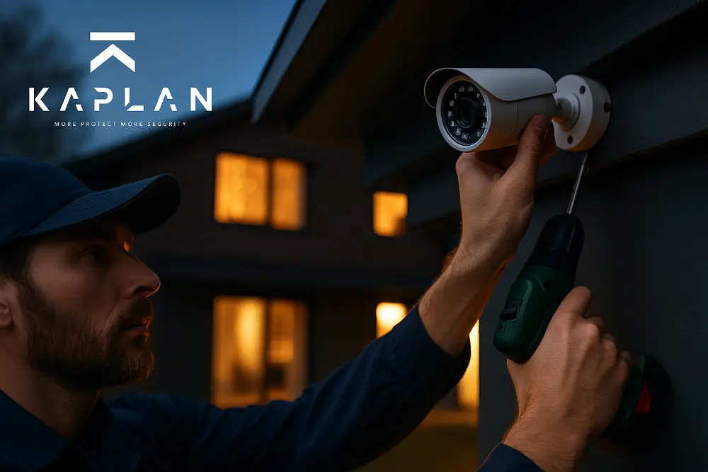 Técnico de Kaplan instalando una cámara de videovigilancia