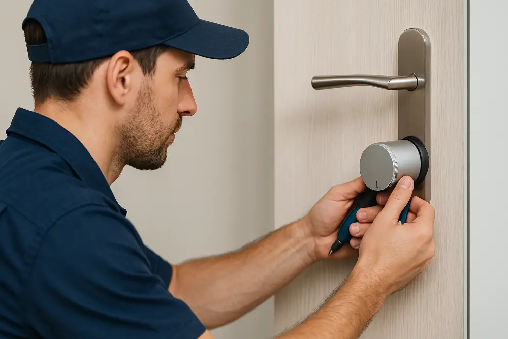 Técnico de Kaplan instalando una cerradura inteligente de control de accesos